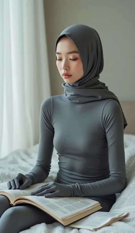 The most beautiful,thin,most pretty and clever Asian muslimah adult girl wears grey colour lycra turtleneck unitard catsuit with grey lycra gloves.She always wear grey colour lycra dancewear stretchy square hijab.She sits on the bed and reads a lot of news...