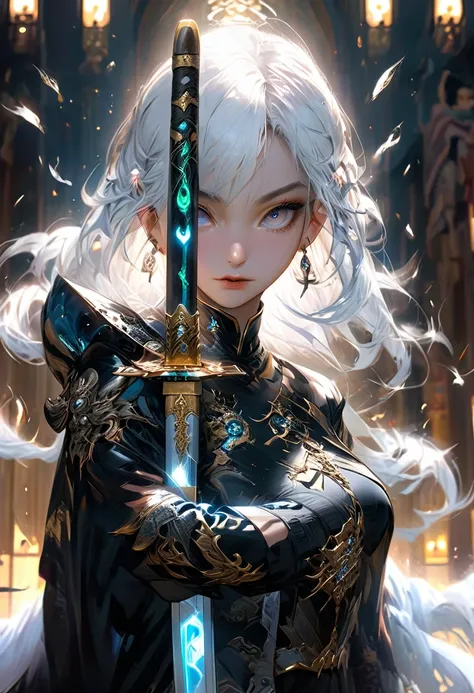 in front of the church,oriental goddess,lupus,Bright Eyes,Serious expression,,Long silver hair,Large Breasts,Perfect body proportions,Wearing the black sore cloak,Two-handed clenched broadsword.Magic runes engraved on the sword,8k,Movie Special Effects,mov...