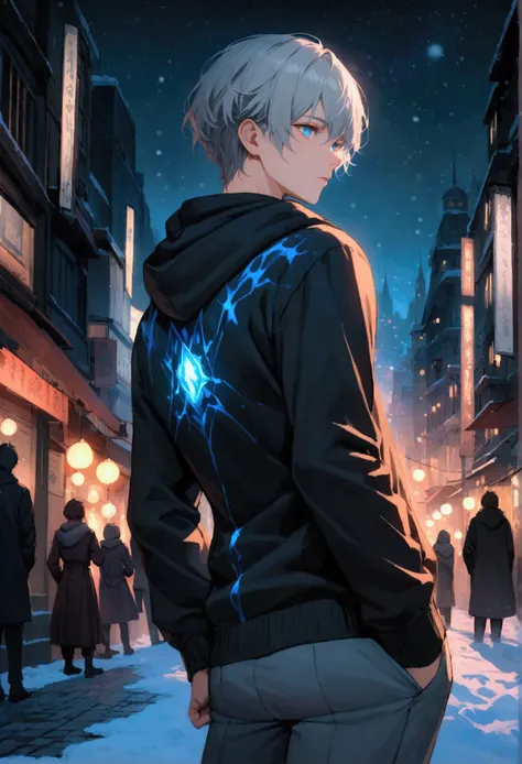 A young man with gray hair, blue eyes, black hoodie and long pants turned his back in the middle of a snowy city at night.