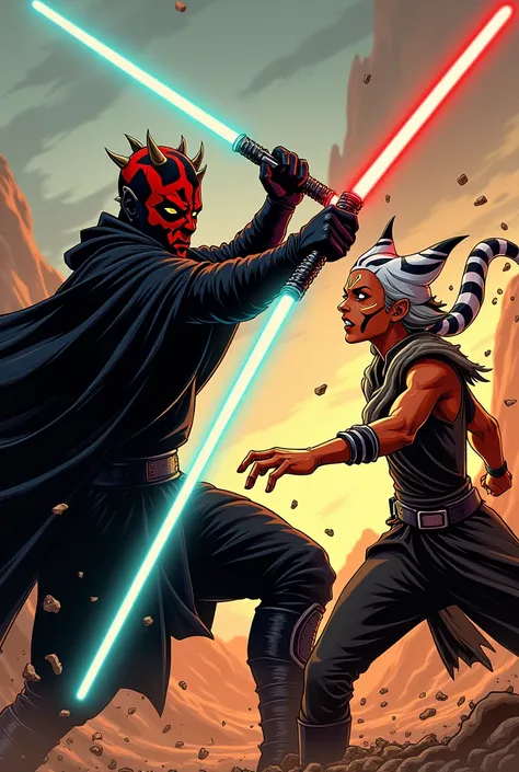 Darth Maul from Star Wars fighting Ahsoka Tano from Star Wars, manga drawing style