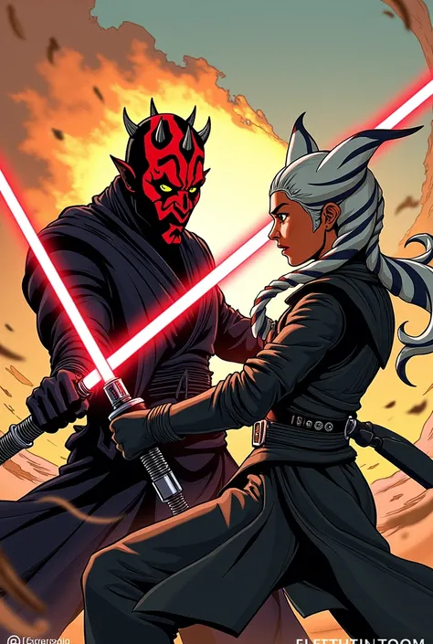 Darth Maul from Star Wars fighting Ahsoka Tano from Star Wars, manga drawing style