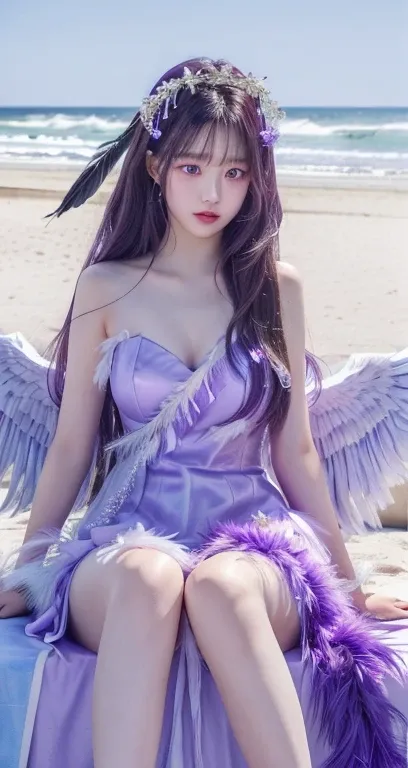 A woman in a purple dress sitting on the beach, Purple eyes and white dress, feathered tunic, ethereal wings, purple leather wings, Alas plumosas, full body xianxia, purple feathers, Wenfei Ye, of a beautiful angel girl, young pale angel, wearing a feather...