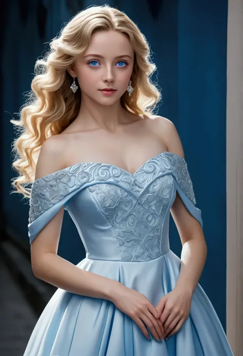 (8k, CRU photo, highest quality) (((full body shot:1.3))), (((blue eyes:1.5))), blonde woman wearing a European-style dress, with her entire body fully visible within the frame. She should have long, curly hair. Dress her in a simple, elegant European dres...