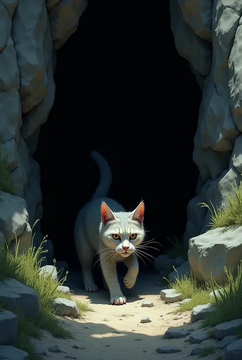 the cat entering a cave crying


