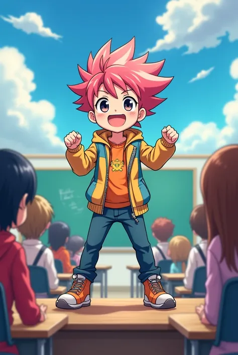 Anime boy performing in front of the whole class