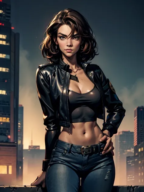 Portrait of natlp as a beautiful female model, georgia fowler, beautiful face, with short dark brown hair, in cyberpunk city at night. She is wearing a leather jacket, black jeans, sagging breasts, round breasts, wide hips, dramatic lighting, (police badge...