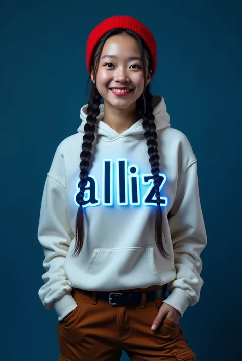 Create a full body beautiful Thai women, smiling, wearing a white hoodie and blue glow written with design  alliz  and brown cargo pants and black beautiful shoes,  black long braids hairstyles with red headband, white skin, dark blue background, looking a...