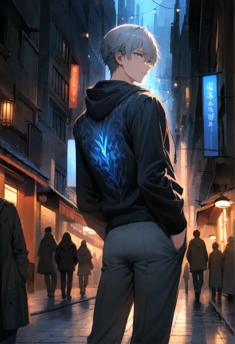 A young man with gray hair, blue eyes, black hoodie and long pants turned his back in the middle of a snowy city at night.