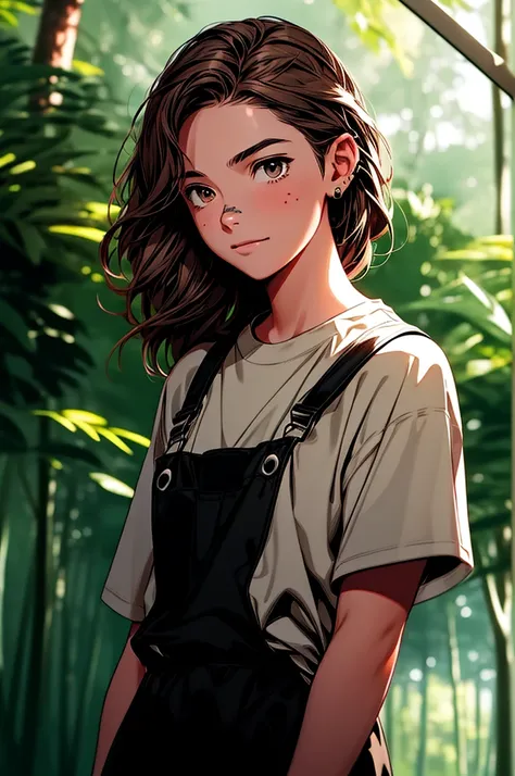 Portrait,dramatic shadow,Ray tracing, Best quality, Cinematic lighting, Extremely detailed CG, 8k wallpaper,Complicated, 1 girl, ((ashen-brown hair)), gray eyes, smiling, hair tucked behind ear, wearing a black short-sleeve shirt, wearing short overalls, s...