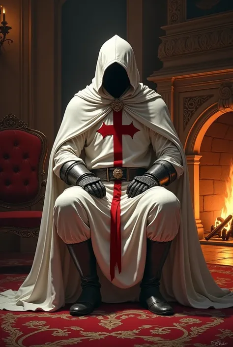 a templar knight with white cloak and red cross on his chest, resting on the fireplace inside a luxurious castle, high quality, artwork,, incredible lighting, illustration, cinematic light:1.1, perfect shading
