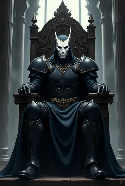 Hero king in anime form, sitting in a throne, with black armor and white mask in the shape of sadness