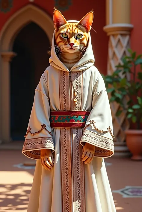 A Moroccan cat wearing a white traditional costume and a colorful patterned belt around her waist, just like in real life.