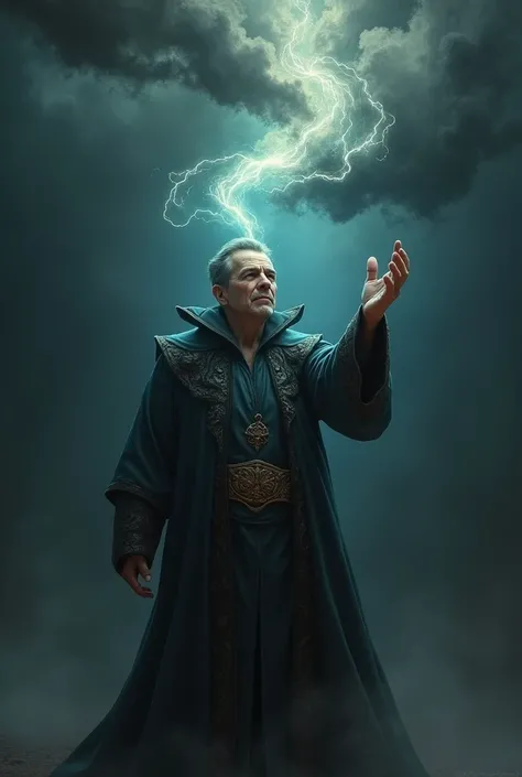 A photo of a sorcerer with an intense focused expression, extending one hand, palm up, with a miniature storm swirling above it. The storm has dark swirling clouds and tiny lightning bolts. The sorcerer is wearing flowing robes and has intricate magical de...