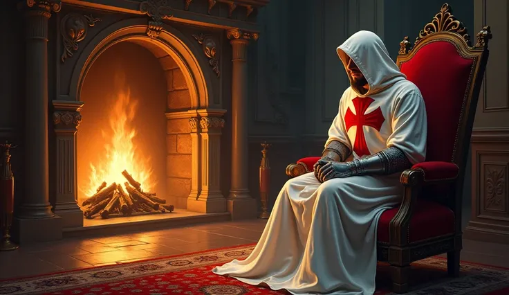 a templar knight with white cloak and red cross on his chest, resting on the fireplace inside a luxurious castle, high quality, artwork,, incredible lighting, illustration, cinematic light:1.1, perfect shading
