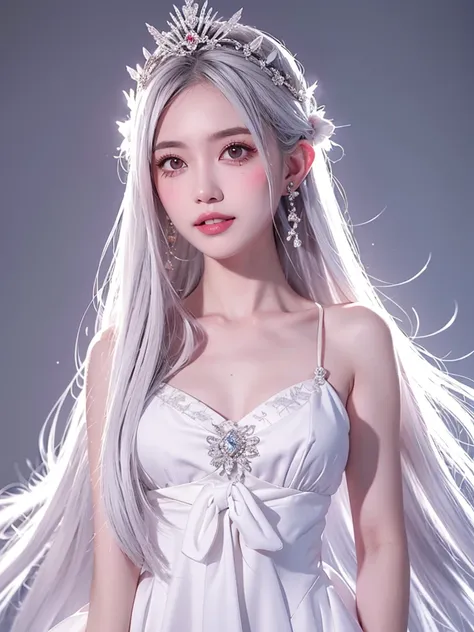 one girl, long hair、white hair、silver hair．jagged teeth．
princess teresa，white skin, large breasts, pointy ears, blushing, maste...