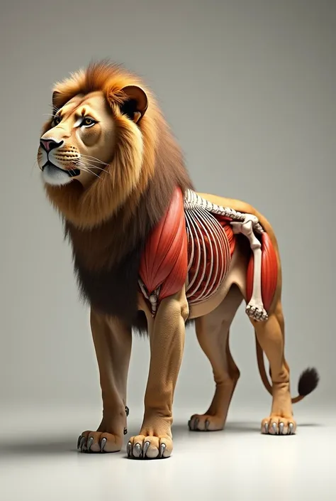 A lion ( ANIMAL NORMAL) WITH HALF OF YOUR BODY SHOWING YOUR NORMAL BONES AND MUSCLE