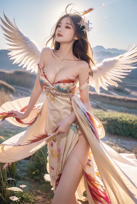 Extremely detailed CG Unity 8K wallpaper, Highest quality,Very detailed,masterpiece, Summer sky,Dazzling Sun,Angel Wings,Falling Feathers,Countless Feathers,Beautiful woman looking up,Large Breasts,Kimono-like dress,smile, Hair blowing in the wind,Very lon...