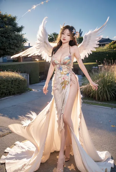 Extremely detailed CG Unity 8K wallpaper, Highest quality,Very detailed,masterpiece, Summer sky,Dazzling Sun,Angel Wings,Falling Feathers,Countless Feathers,Beautiful woman looking up,Large Breasts,Kimono-like dress,smile, Hair blowing in the wind,Very lon...