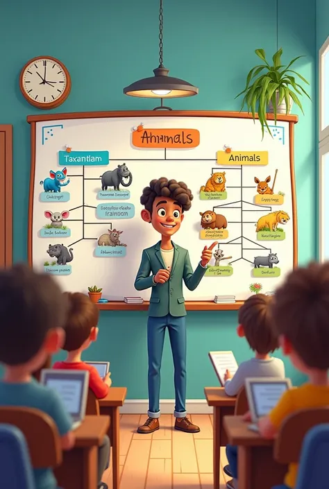 In a cartoon, A person is giving a presentation on animals., Make an organization about animals on this board, make this person look confident 