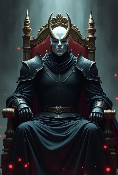 Hero king in anime form, sitting in a throne, with black armor and a white mask in the shape of sadness and with a horn on the left side. Make him a little thinner and the berserk armor