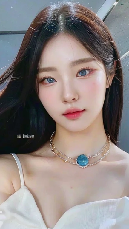 A close-up of a woman wearing a necklace and a necklace with a blue stone and blue like eyes., guweiz, guweiz style artwork, inspired by Huang Ji, inspired by Sim Sa-jeong, ulzzang, jia, Jaeyeon Nam, inspired by Yanjun Cheng, realist. Cheng Yi, Jiyun Chae,...