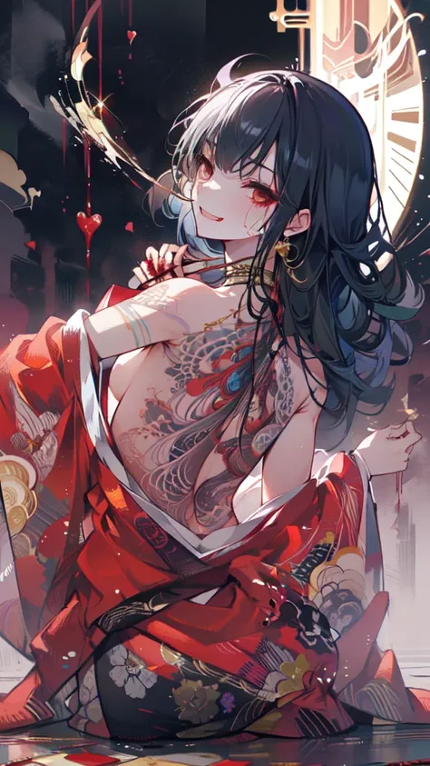 ((Japanese Gangster BOSS)), (((adult ogre with the dignified presence))), (((Killing Qi))), wear nothing around shoulder, wear nothing around neck, wear the kimono, wear it below the waist, I wind it up to control it, and to attach it,  ((kimono come off))...