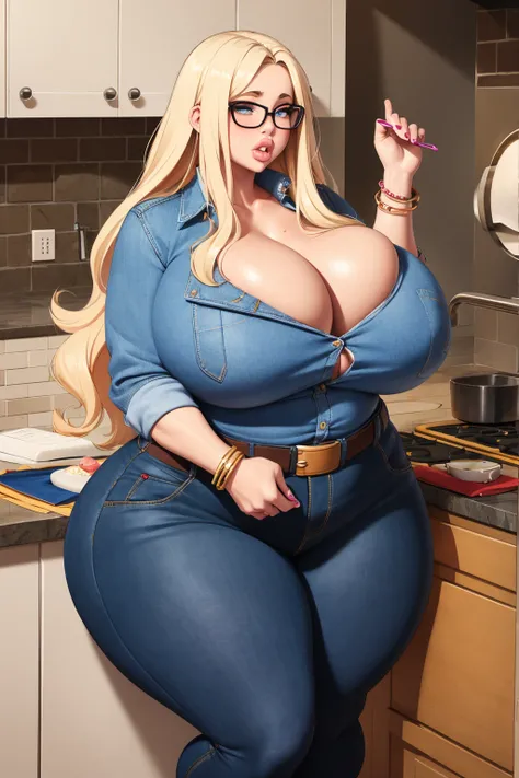 1 girl, long blonde hair, glasses, painted lips, thick lips, wide hips, thick thighs, huge ass, bimbo face , enormous huge natural breasts, cleavage,jeans, belt, hanging breasts, ahegao face, hot, sweating, Milf, (puffy lips:1.3), (huge thighs:1.4), bbw, c...