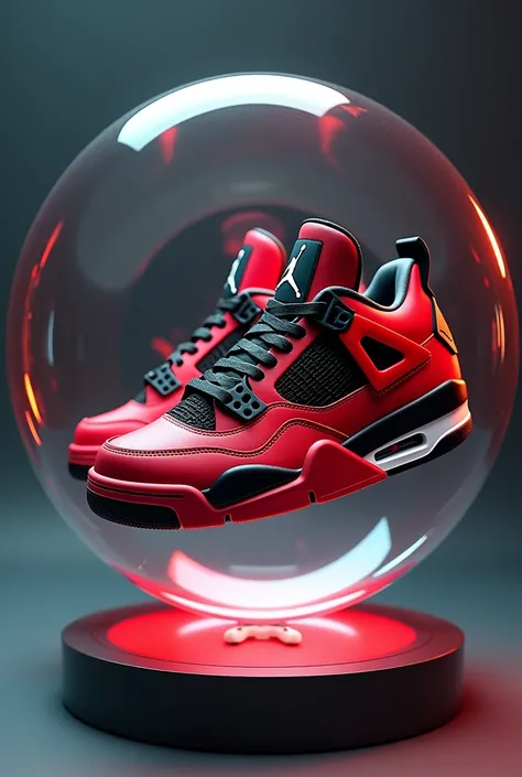 A pair of red and black sneakers inside a floating glass capsule, "Air Jordan 4, Air Jordan 4 High, Uniform off , photo of sneakers, light black skin, light red, white, focus only on sneakers, black color, Hyper realistic&quot;, Hyper realistic &quot;, fan...