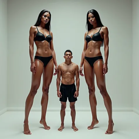 Two Very Tall girls in the left and right, short man in the middle, the two girls are much taller than the man, girls are models, girls are ring girls, man is an mma fighters, girls are wearing black bras and shorts, man is shirtless and wearing black shor...