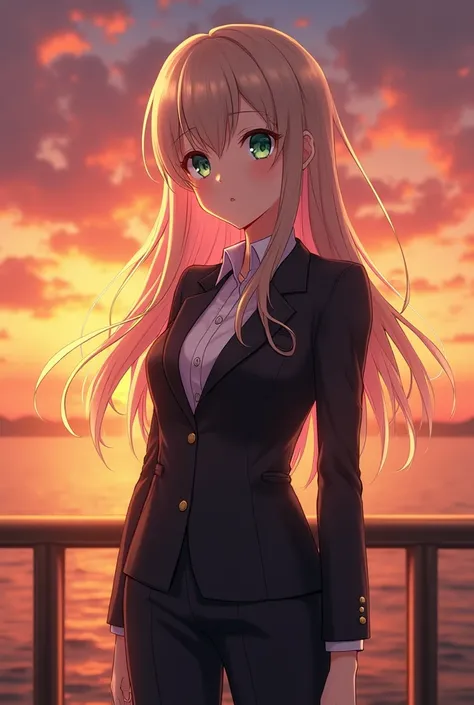 I want a female anime character around 2, dull emerald eye color, long brown ash blonde hair, look would be with a happy expression, With a suit, that can only be seen from the waist up, make it look realistic, background her in the sunset behind her