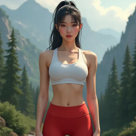 A realistic female asian, skin tight white see through sport bra, red leggings, ponytail, red eyes, full body portrait, realistic scenery