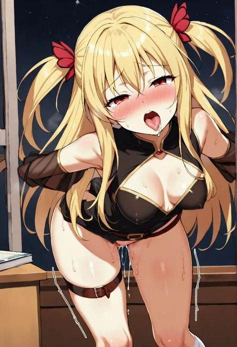 NSFW,masterpiece,Highest quality,High resolution,Very detailed,Golden Darkness(To Love-Ru),Blonde,Red eyes,long hair,Two Side Up,Small breasts,Black Dress,Sleeveless,Removable sleeves,belt,Cleavage cutout,Cutouts for clothes,Thigh straps,Knee socks,hair or...