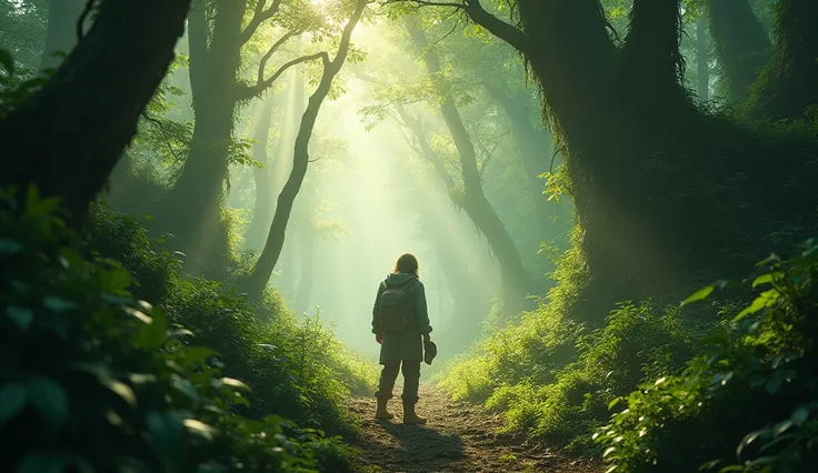 (best quality, masterpiece, ultra detailed), Fantastic forest footage: The protagonist stands in a fantastical forest.、wood々The light that shines through the gaps envelops him.。The figure is depicted searching for something in the forest.。The camera captur...