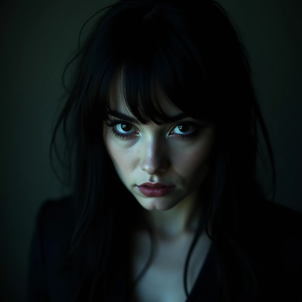 black background, dark background,surrealistic photography of a female with 
black hair, black eyes