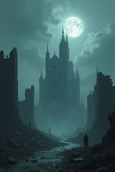 Sodom in ruins on a foggy night with a castle in the middle of the kingdom and several destroyed buildings 
