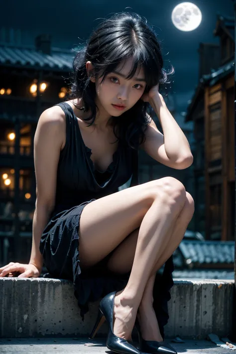 a beautiful Japanese woman, Short black hair, black eyes, A sad look, eyes filled with tears, in a black dress, black heels, On the roof of a building, night has fallen, a full moon in the distance ,(Best quality,4k,8k,high resolution,masterpiece:1.2),Ultr...