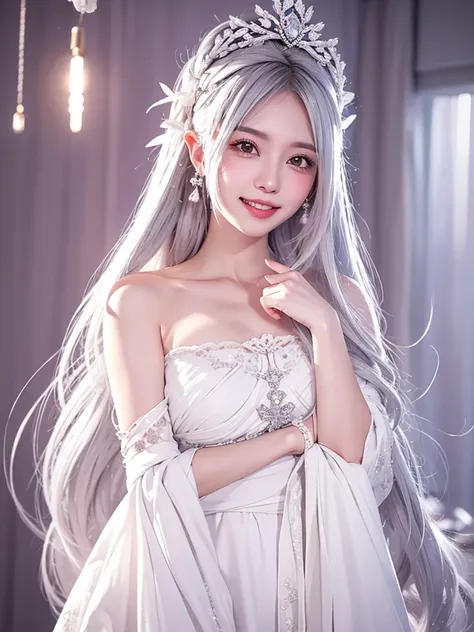 one girl, long hair、white hair、silver hair．jagged teeth．
princess teresa，white skin, large breasts, pointy ears, blushing, maste...