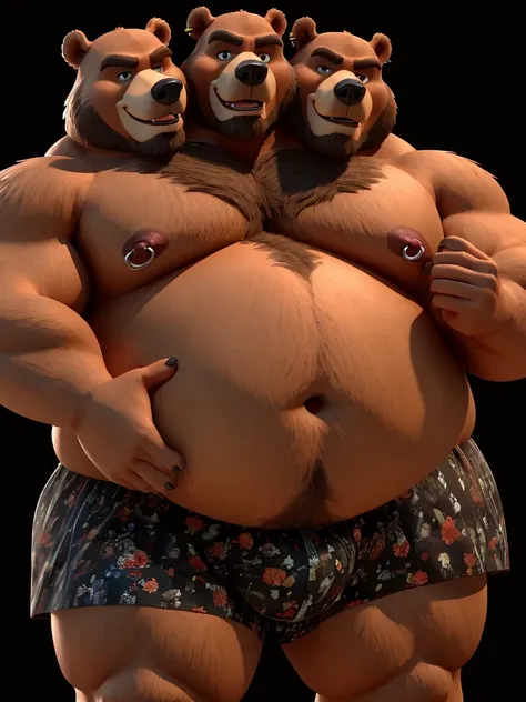 solo, bear, canine, twins, 60 year old male, flexing, natural pose, sexy pose, different facial expressions, three identical heads attached to the same body, bear ears, bald, beard, brown fur, masculine, three necks, eyes, adult, male, (3d, by Disney), (ov...