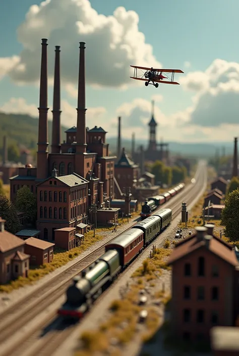 Create an image of a model about the second industrial revolution that contains a factory, train and plane. Make it look more like a model and remove the person.