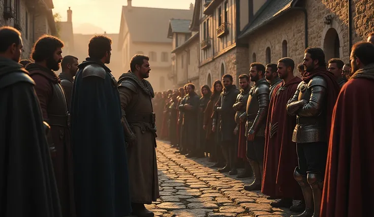 A dramatic scene set in the heart of Aquitaine, where English vassals stand defiantly before French authorities. The setting is a medieval village square, bathed in the dim, golden light of dusk, casting long shadows over the cobblestone streets. The Engli...