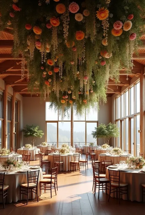 An indoor wedding reception hall with round tables for guests and flowers on the ceiling, all in matching tones inspired by a series called Yellowstone 