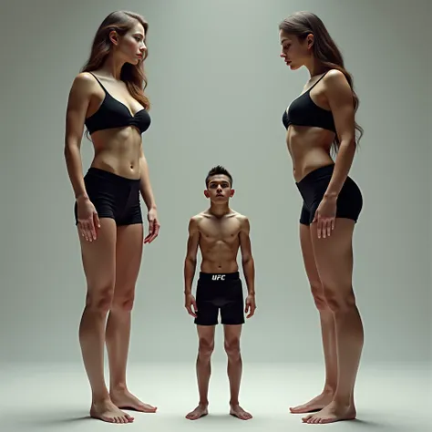 Two Very Tall girls in the left and right, short man in the middle, the two girls are much taller than the man, girls are models, girls are ring girls, man is an mma fighters, girls are wearing black bras and shorts, man is shirtless and wearing black shor...