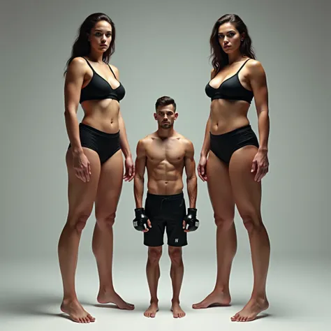 Two Very Tall girls in the left and right, short man in the middle, the two girls are much taller than the man, girls are models, girls are ring girls, man is an mma fighters, girls are wearing black bras and shorts, man is shirtless and wearing black shor...