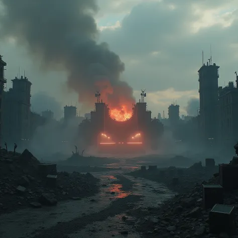 A post-apocalyptic landscape, with ruins of cities and buildings blackened by fire. A dense and oppressive atmosphere, with clouds of smoke and ash covering the sky. In the middle, a concert stage with smashed musical instruments and smoking amplifiers. A ...