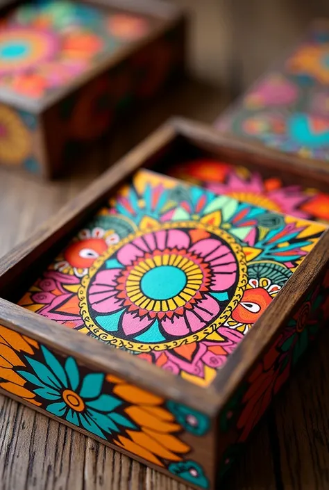 Party invitations in wooden boxes with the theme of Mexico painted with colorful paints
