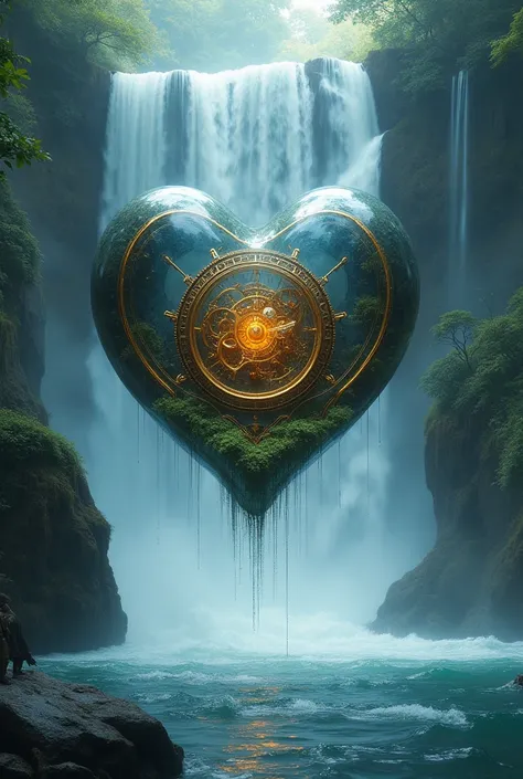 A heart in a waterfall and with a clock