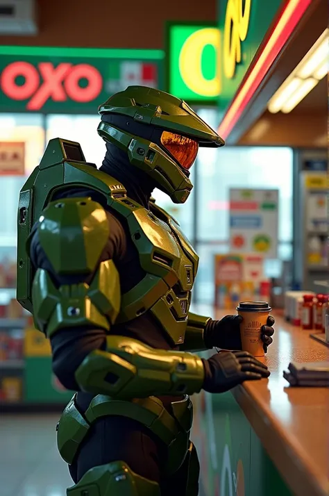 An image of something resembling Halo&#39;s Master Chief, buying a coffee at a Mexican Oxxo store 