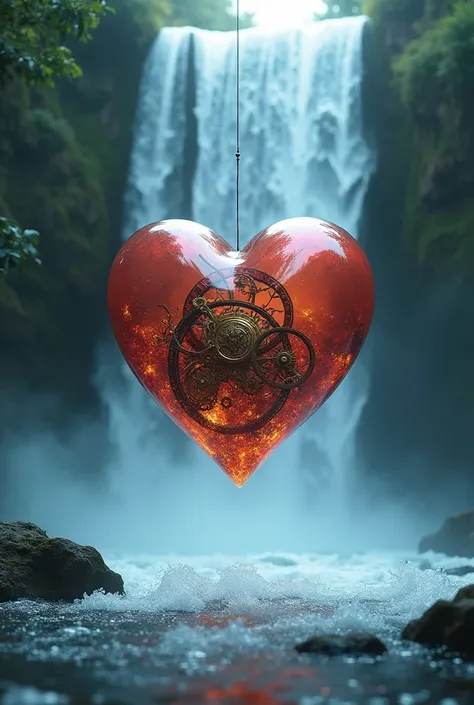 A heart in a waterfall and with a clock