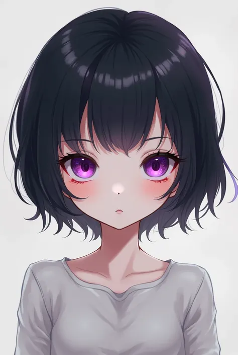 Girl with short black hair and lilac bangs, with three eyes. drawing version
