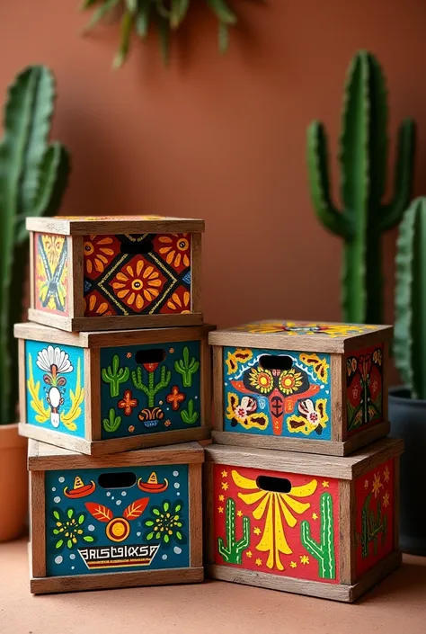 Wooden boxes with the theme of Mexico painted with paints
